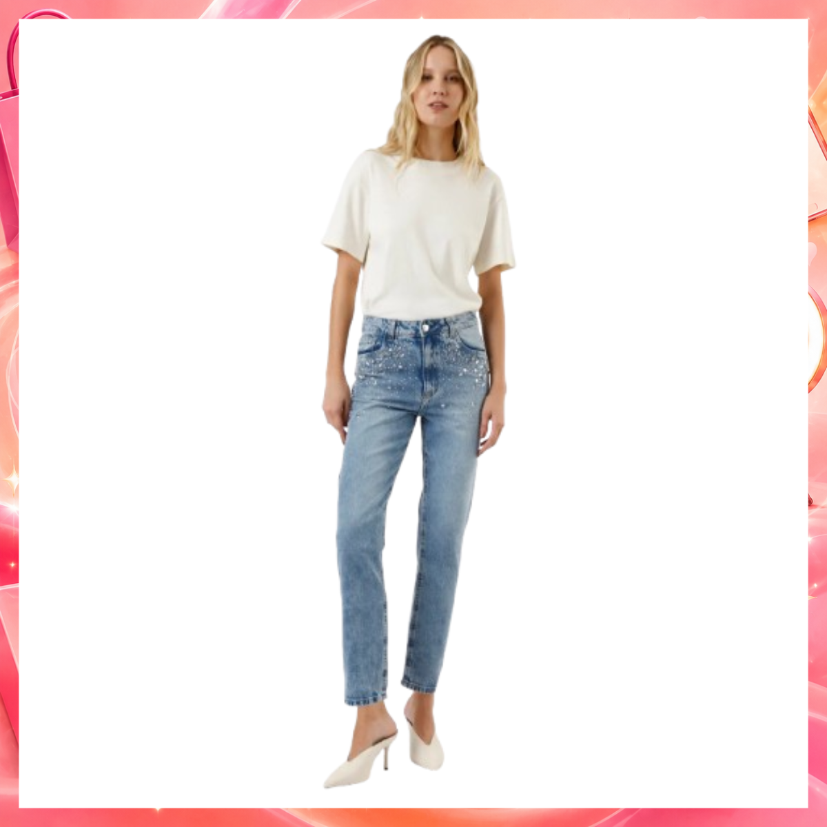 Calça mom feminina jeans cintura alta com brilhos azul