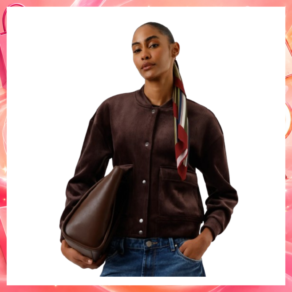 Jaqueta bomber feminina de veludo cotelê com bolsos marrom