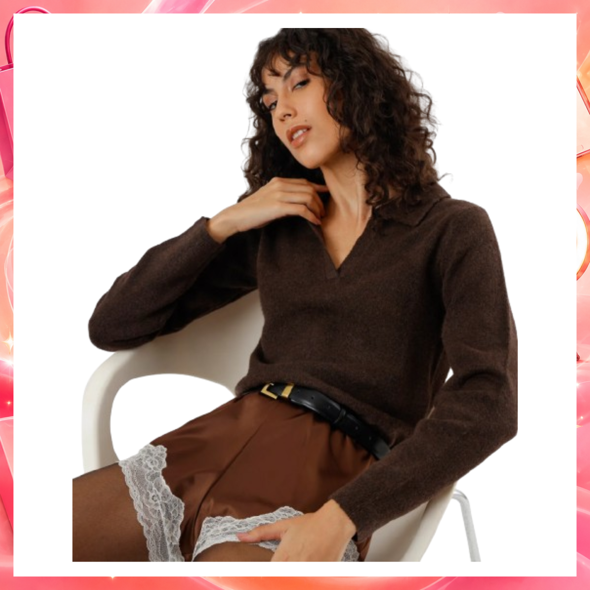 Polo básica feminina de tricot manga longa marrom
